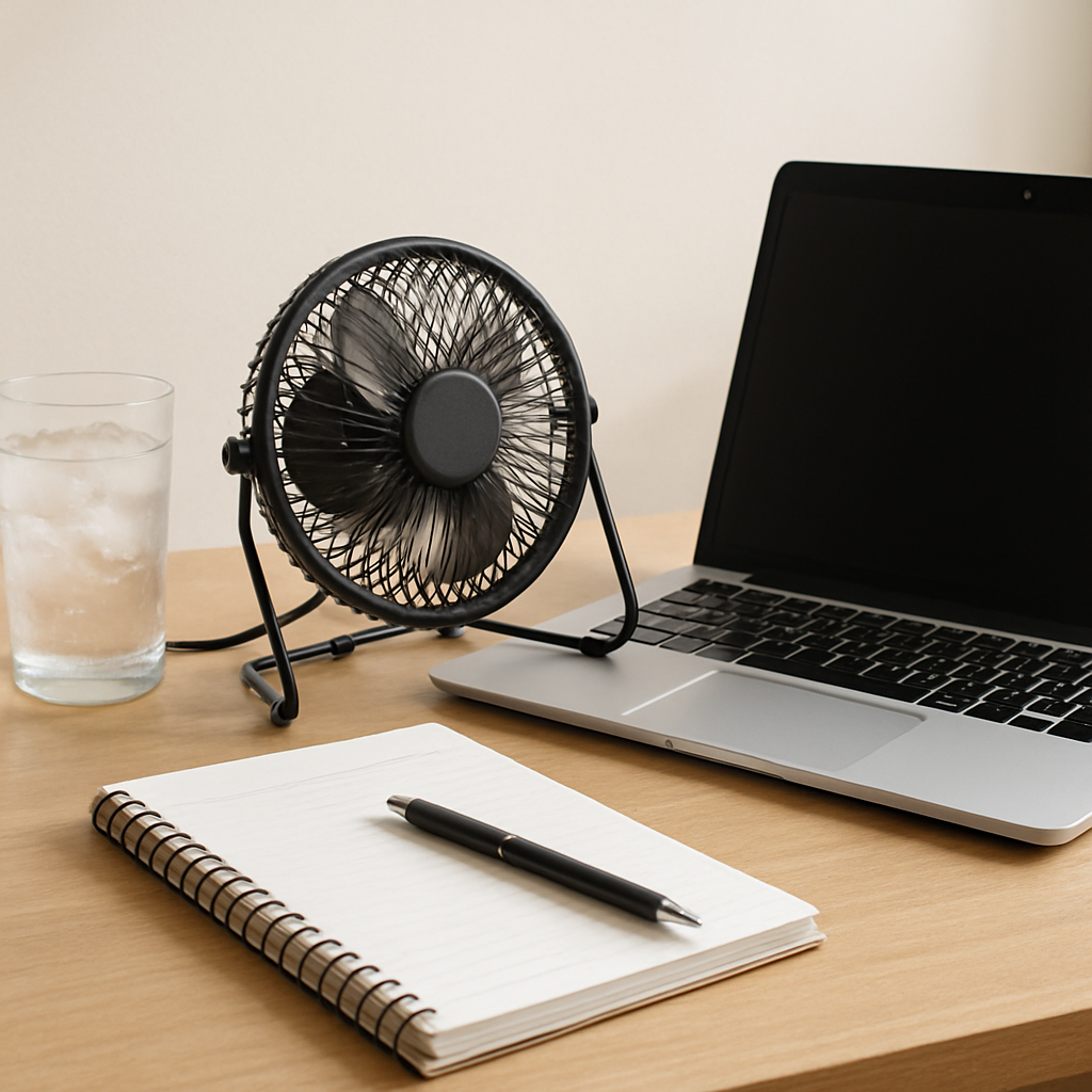 USB desk fan cooling a laptop workspace