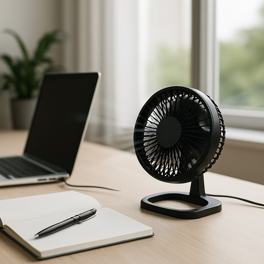 Quiet Motors USB desk fan office scene